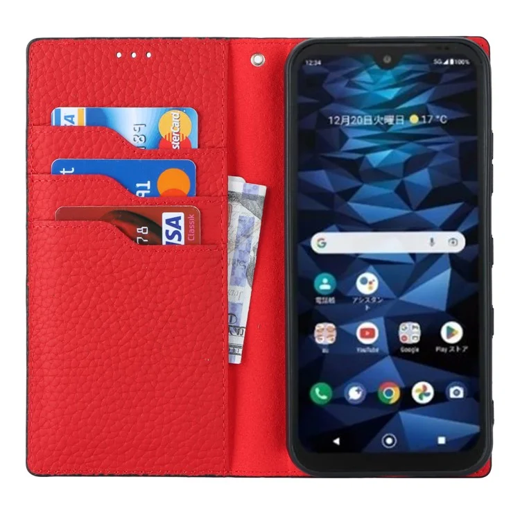 Бумажник-обложка для Kyocera Digno SX3 KYG02 с фактурой личи, натуральная кожа коровы, чехол-подставка для телефона со шнурком - черный