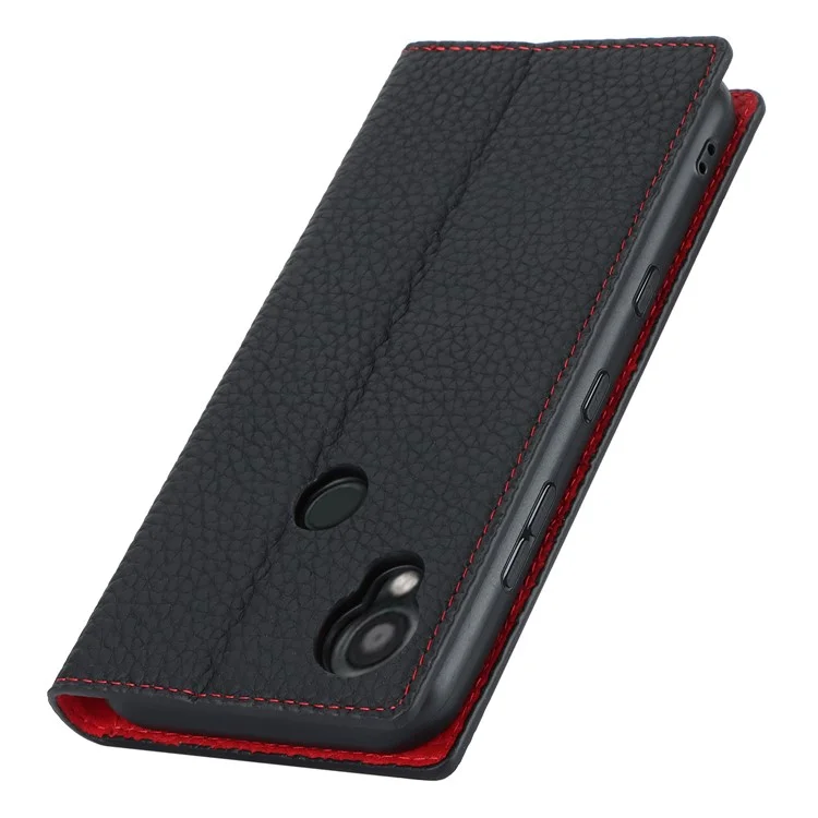 Бумажник-обложка для Kyocera Digno SX3 KYG02 с фактурой личи, натуральная кожа коровы, чехол-подставка для телефона со шнурком - черный
