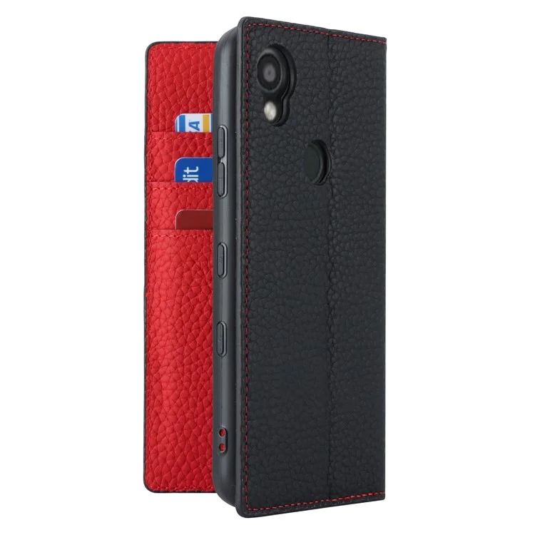 Бумажник-обложка для Kyocera Digno SX3 KYG02 с фактурой личи, натуральная кожа коровы, чехол-подставка для телефона со шнурком - черный