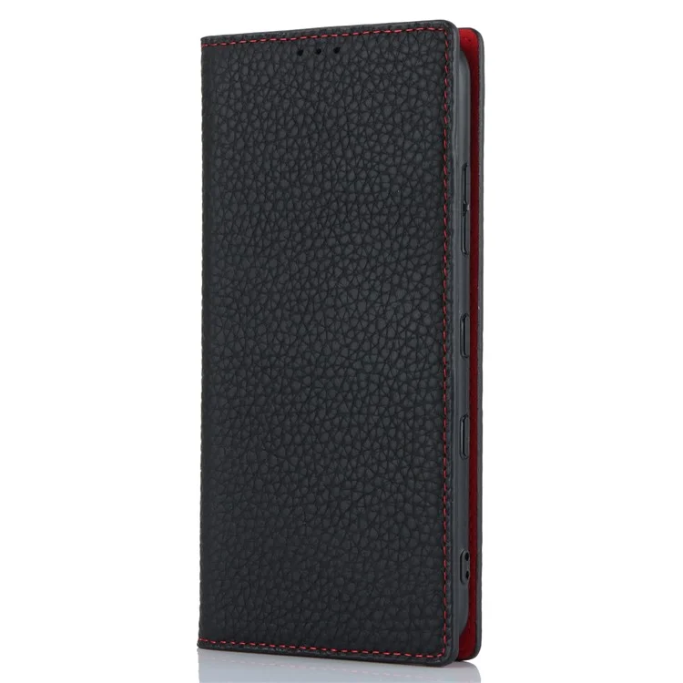 Бумажник-обложка для Kyocera Digno SX3 KYG02 с фактурой личи, натуральная кожа коровы, чехол-подставка для телефона со шнурком - черный