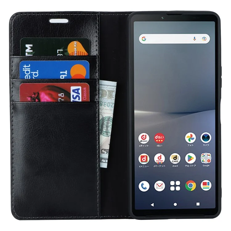 Бумажник-подставка для Sony Xperia 10 V, чехол для телефона из натуральной кожи в текстуре "дикая лошадь" - черный