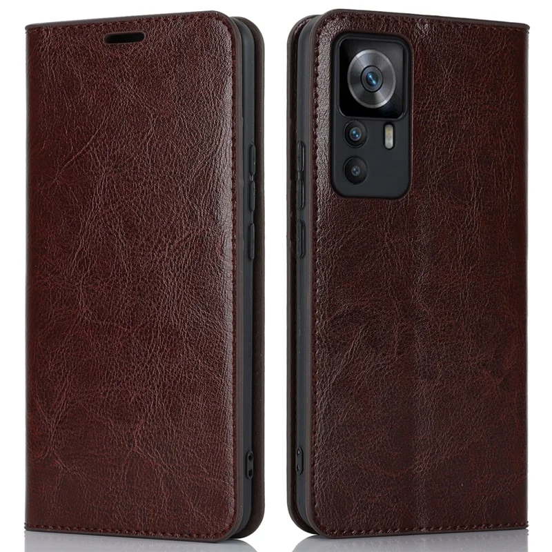 For Xiaomi 12T 5G / 12T Pro 5G / Redmi K50 Ultra Phone Case Crazy Horse Texture Genuine Cow Leather Stand Wallet Cover - Dark Brown