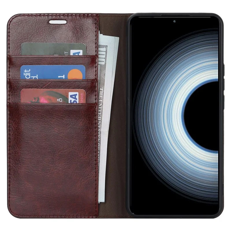 For Xiaomi 12T 5G / 12T Pro 5G / Redmi K50 Ultra Phone Case Crazy Horse Texture Genuine Cow Leather Stand Wallet Cover - Dark Brown