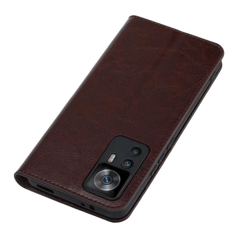 For Xiaomi 12T 5G / 12T Pro 5G / Redmi K50 Ultra Phone Case Crazy Horse Texture Genuine Cow Leather Stand Wallet Cover - Dark Brown