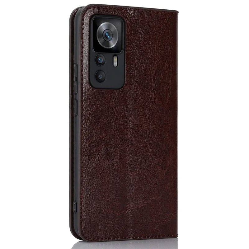 For Xiaomi 12T 5G / 12T Pro 5G / Redmi K50 Ultra Phone Case Crazy Horse Texture Genuine Cow Leather Stand Wallet Cover - Dark Brown