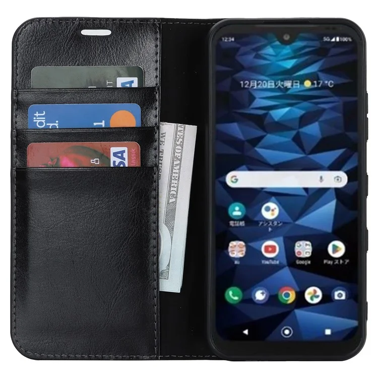 Pour Kyocera Digno SX3 KYG02 Étui de téléphone Texture Crazy Horse Véritable cuir de vache Stand Portefeuille Anti-chute Couverture - Noir