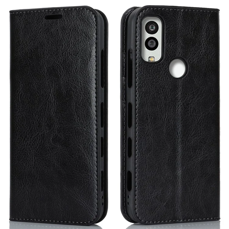 Für Kyocera Android One S10 / One S9 sturzsicheres Telefongehäuse Crazy Horse Struktur echtes Rindsleder Standfuß Brieftasche Abdeckung - Schwarz