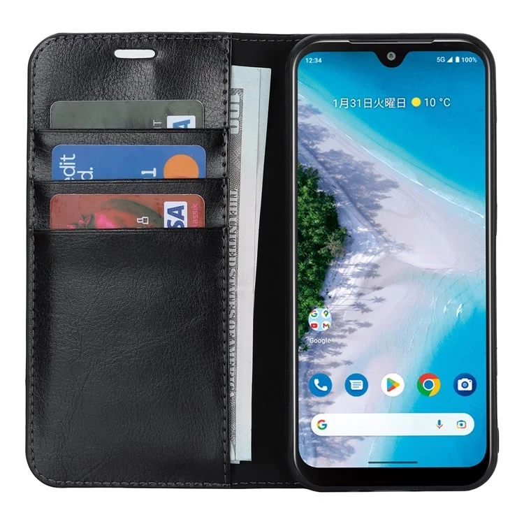 Für Kyocera Android One S10 / One S9 sturzsicheres Telefongehäuse Crazy Horse Struktur echtes Rindsleder Standfuß Brieftasche Abdeckung - Schwarz