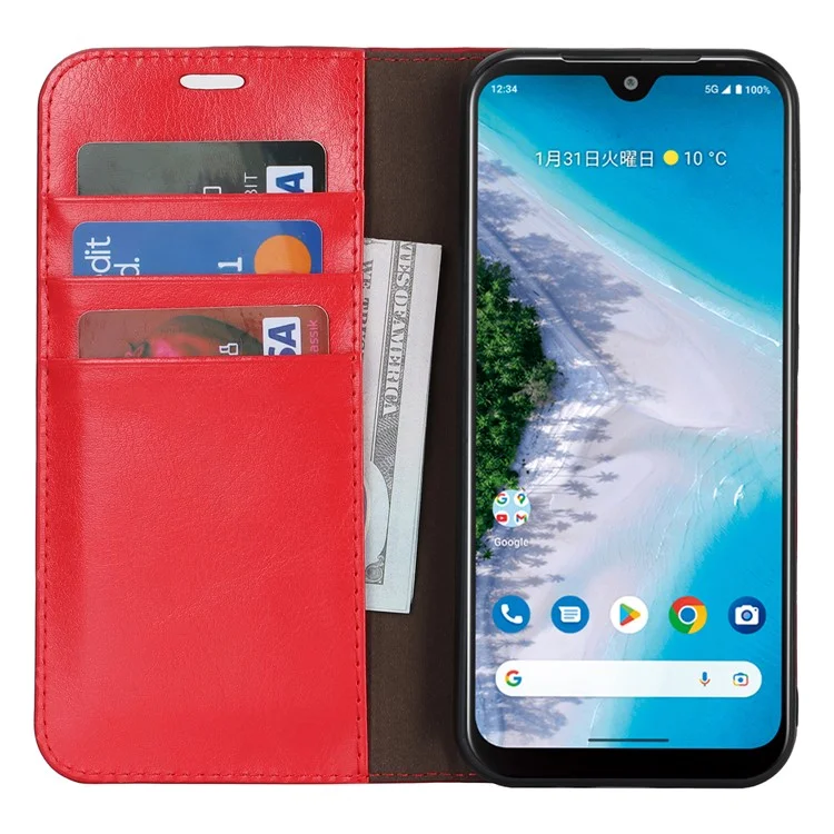 For Kyocera Android One S10 / One S9 Fall Proof Phone Case Crazy Horse Texture Genuine Cow Leather Stand Wallet Cover - Red