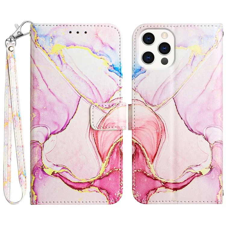 For iPhone 15 Pro Case with Strap Marble Pattern Leather Phone Cover Card Holder - Rose Gold LS005