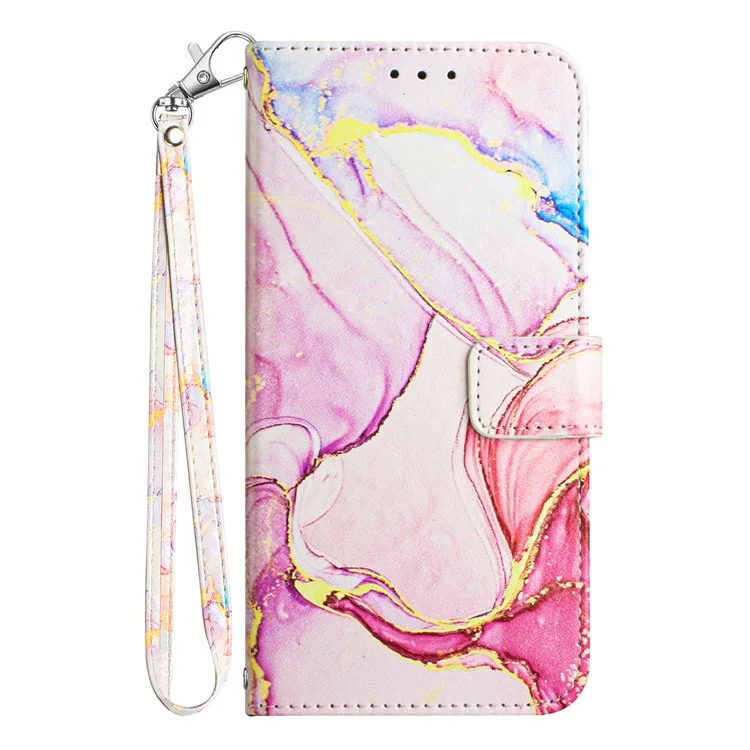 For iPhone 15 Pro Case with Strap Marble Pattern Leather Phone Cover Card Holder - Rose Gold LS005