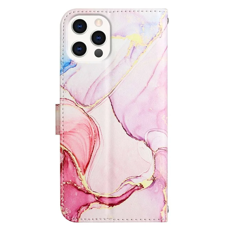 For iPhone 15 Pro Case with Strap Marble Pattern Leather Phone Cover Card Holder - Rose Gold LS005