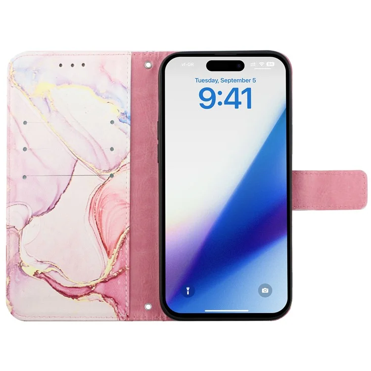 For iPhone 15 Pro Case with Strap Marble Pattern Leather Phone Cover Card Holder - Rose Gold LS005