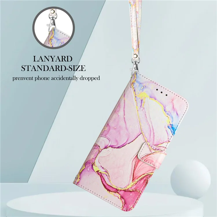 For iPhone 15 Pro Case with Strap Marble Pattern Leather Phone Cover Card Holder - Rose Gold LS005