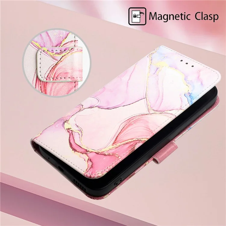 For iPhone 15 Pro Case with Strap Marble Pattern Leather Phone Cover Card Holder - Rose Gold LS005