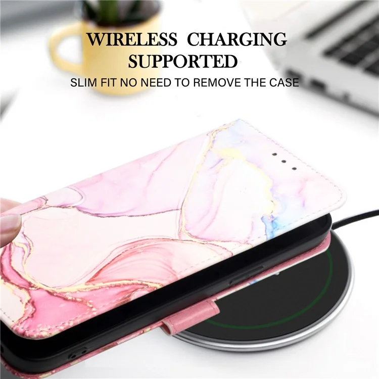 For iPhone 15 Pro Case with Strap Marble Pattern Leather Phone Cover Card Holder - Rose Gold LS005