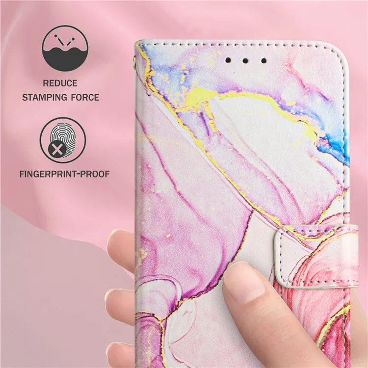 For iPhone 15 Pro Case with Strap Marble Pattern Leather Phone Cover Card Holder - Rose Gold LS005
