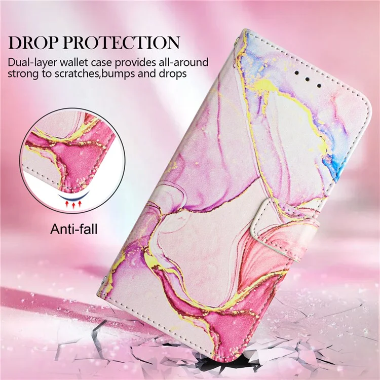 For iPhone 15 Pro Case with Strap Marble Pattern Leather Phone Cover Card Holder - Rose Gold LS005