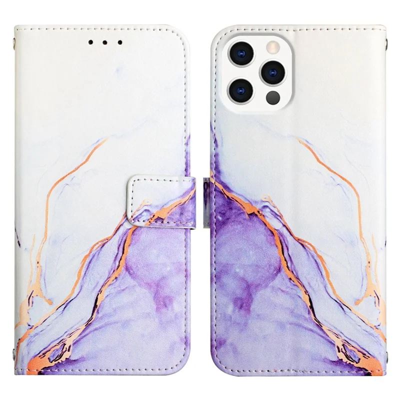 For iPhone 15 Pro Case with Strap Marble Pattern Leather Phone Cover Card Holder - White+Purple LS006