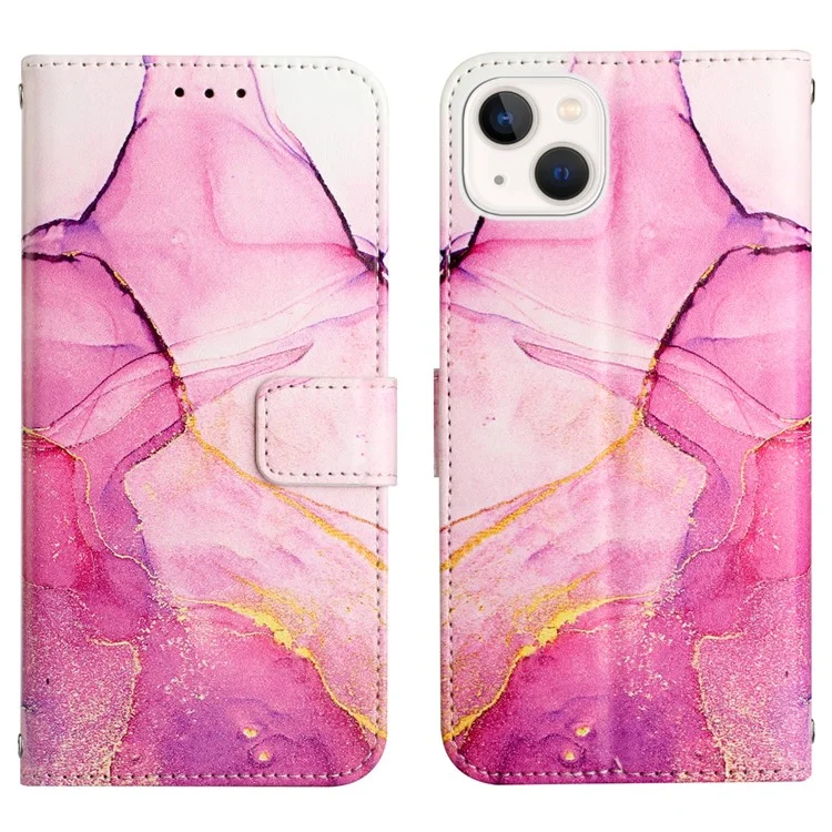 For iPhone 15 Plus Case with Strap Marble Pattern Leather Phone Cover Card Holder - Pink+Purple+Gold LS001