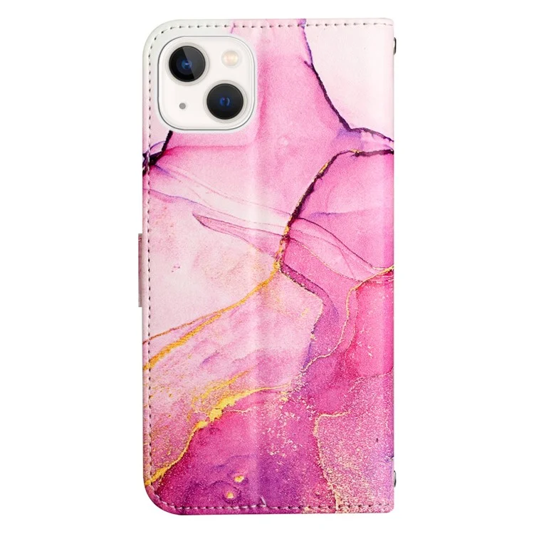 For iPhone 15 Plus Case with Strap Marble Pattern Leather Phone Cover Card Holder - Pink+Purple+Gold LS001