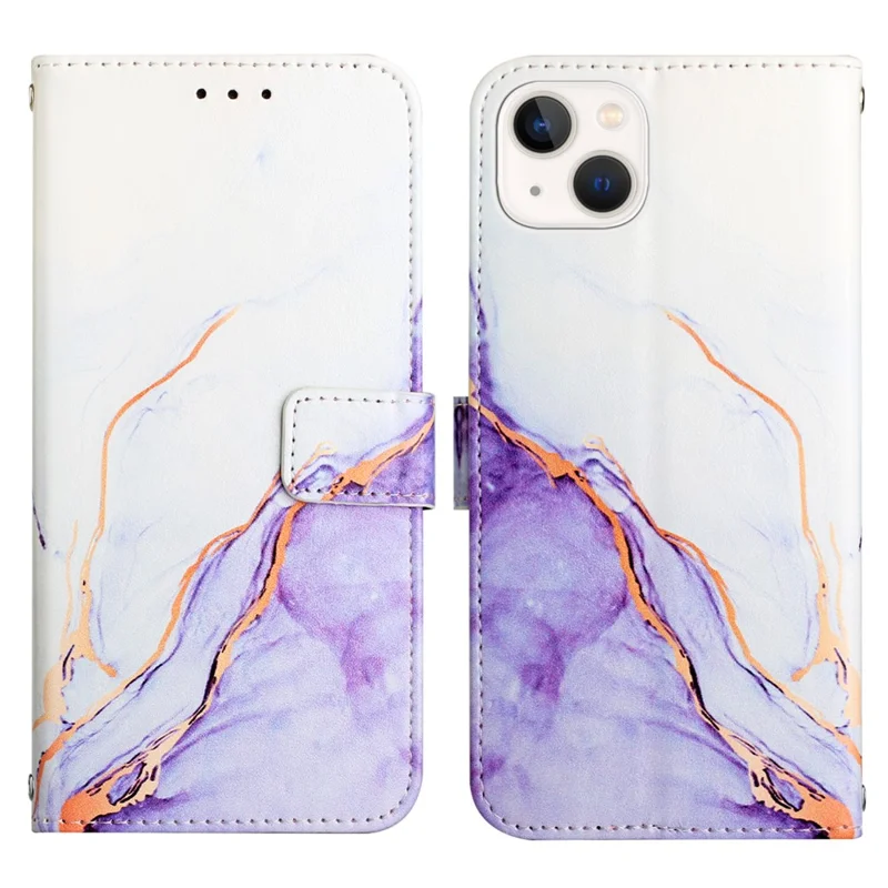 For iPhone 15 Plus Case with Strap Marble Pattern Leather Phone Cover Card Holder - White+Purple LS006