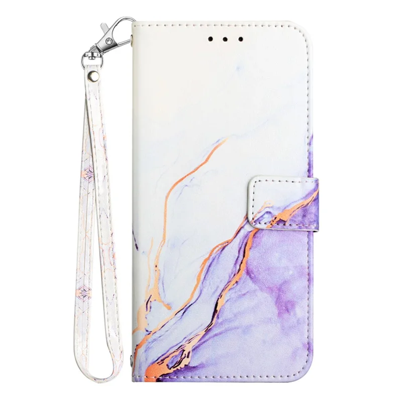 For iPhone 15 Plus Case with Strap Marble Pattern Leather Phone Cover Card Holder - White+Purple LS006