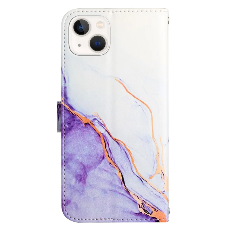 For iPhone 15 Plus Case with Strap Marble Pattern Leather Phone Cover Card Holder - White+Purple LS006