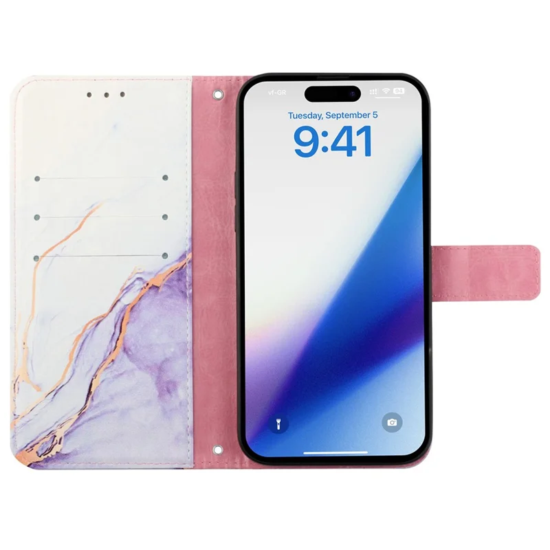 For iPhone 15 Plus Case with Strap Marble Pattern Leather Phone Cover Card Holder - White+Purple LS006