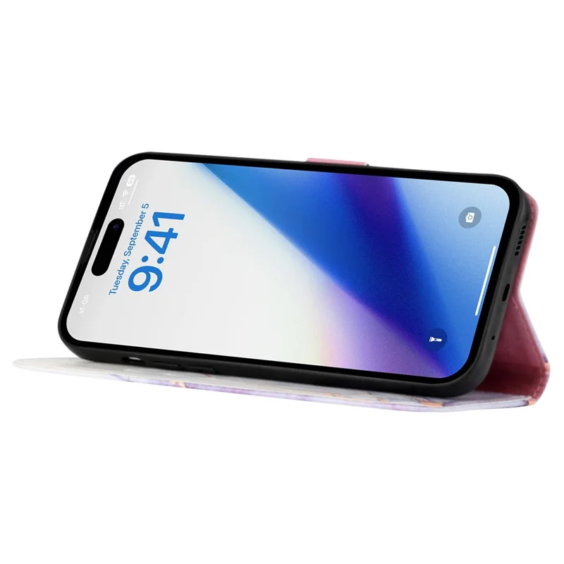 For iPhone 15 Plus Case with Strap Marble Pattern Leather Phone Cover Card Holder - White+Purple LS006