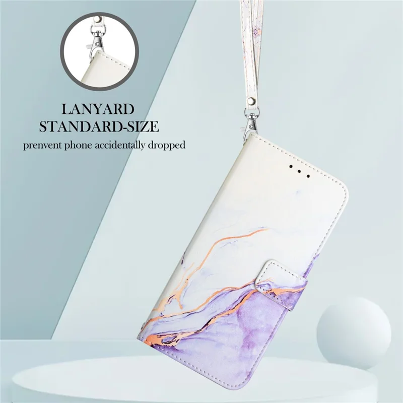 For iPhone 15 Plus Case with Strap Marble Pattern Leather Phone Cover Card Holder - White+Purple LS006
