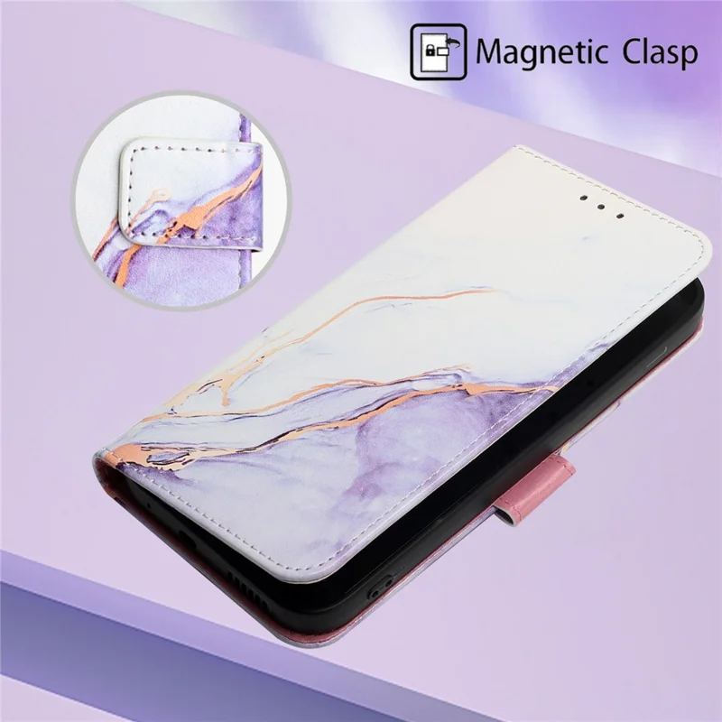 For iPhone 15 Plus Case with Strap Marble Pattern Leather Phone Cover Card Holder - White+Purple LS006