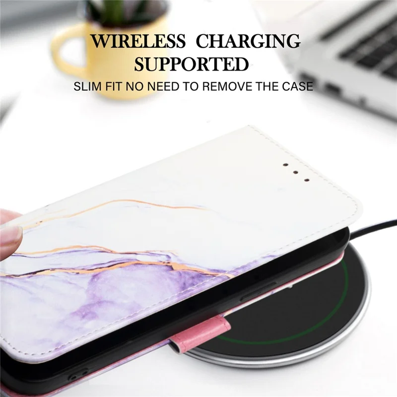 For iPhone 15 Plus Case with Strap Marble Pattern Leather Phone Cover Card Holder - White+Purple LS006