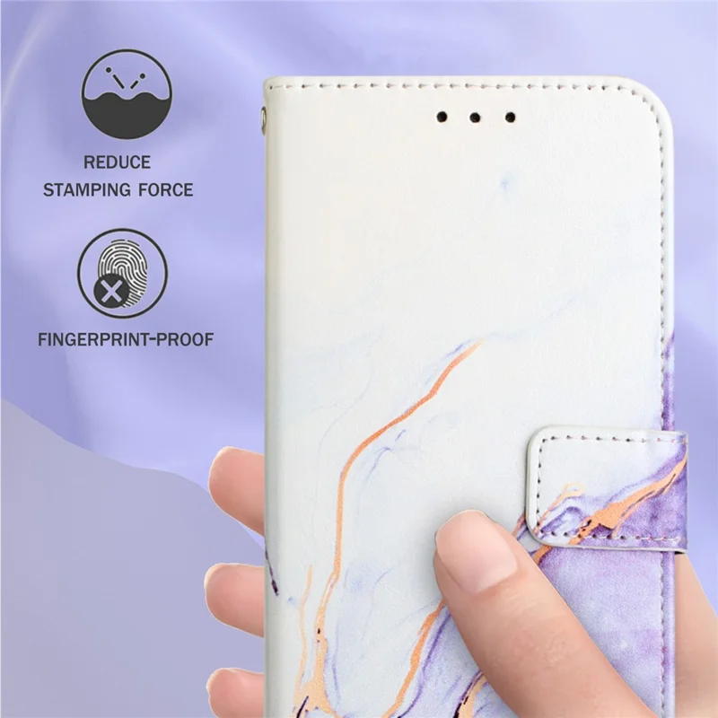 For iPhone 15 Plus Case with Strap Marble Pattern Leather Phone Cover Card Holder - White+Purple LS006