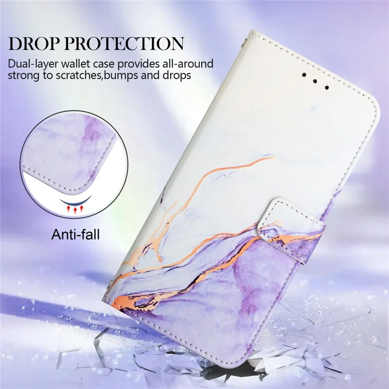 For iPhone 15 Plus Case with Strap Marble Pattern Leather Phone Cover Card Holder - White+Purple LS006