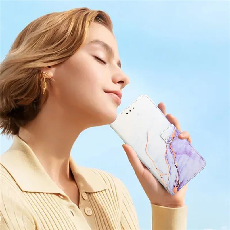 For iPhone 15 Plus Case with Strap Marble Pattern Leather Phone Cover Card Holder - White+Purple LS006
