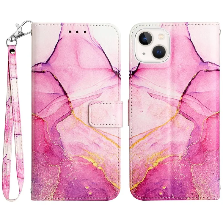 Для iPhone 15 YB Pattern Printing Leather Series-5 Smart Phone Shockproof Case Leather Stand Wallet Cover - Pink+Purple+Gold LS001