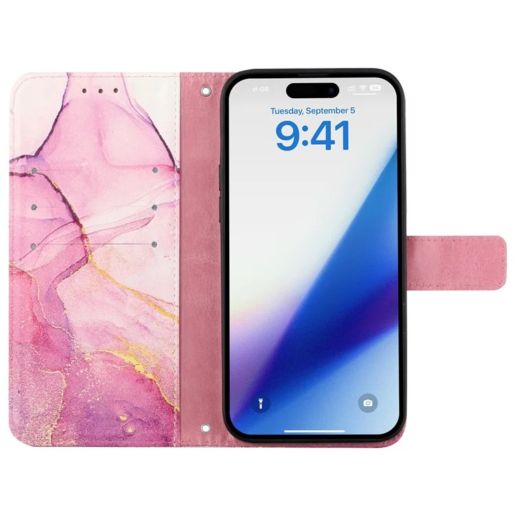 Для iPhone 15 YB Pattern Printing Leather Series-5 Smart Phone Shockproof Case Leather Stand Wallet Cover - Pink+Purple+Gold LS001