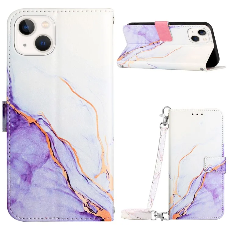 Per iPhone 15 YB Pattern Printing Leather Series-6 Marble Pattern Phone Anti-drop Cover Stand Wallet Phone Case - White / Purple LS006