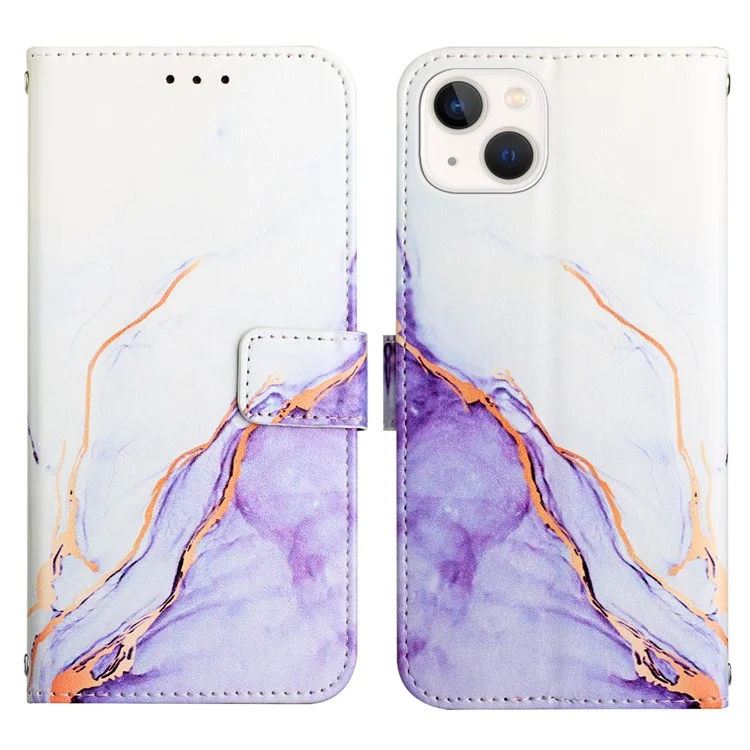 Per iPhone 15 YB Pattern Printing Leather Series-6 Marble Pattern Phone Anti-drop Cover Stand Wallet Phone Case - White / Purple LS006