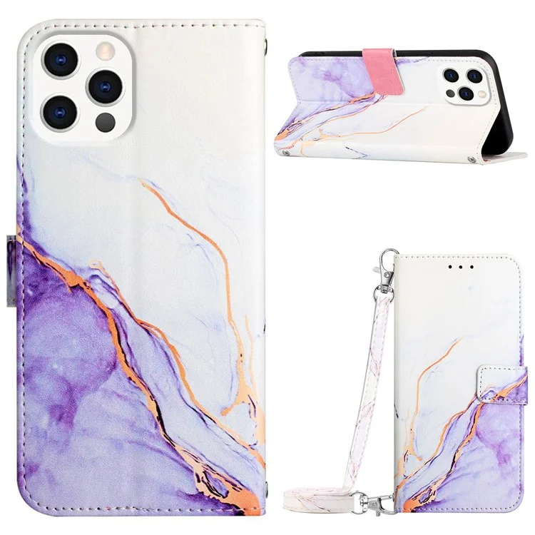 For iPhone 15 Pro Leather Case with Shoulder Strap Marble Pattern Phone Stand Cover - White  /  Purple LS006