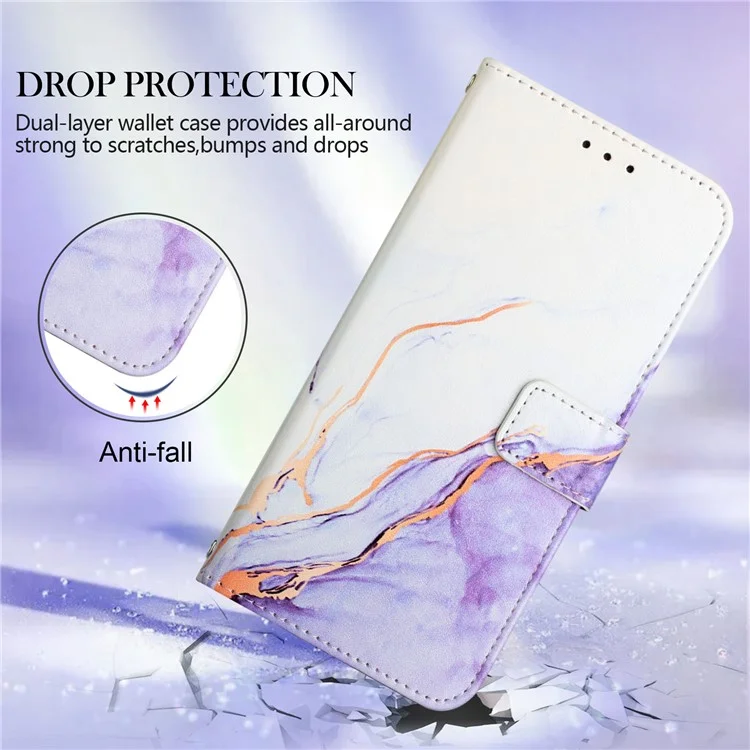 For iPhone 15 Pro Leather Case with Shoulder Strap Marble Pattern Phone Stand Cover - White  /  Purple LS006