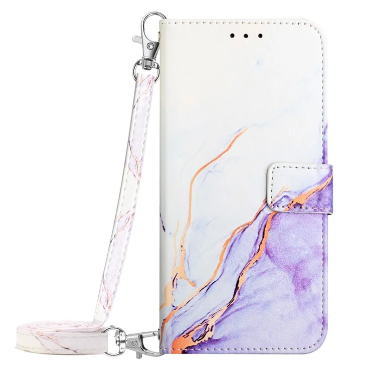 For iPhone 15 Pro Leather Case with Shoulder Strap Marble Pattern Phone Stand Cover - White  /  Purple LS006
