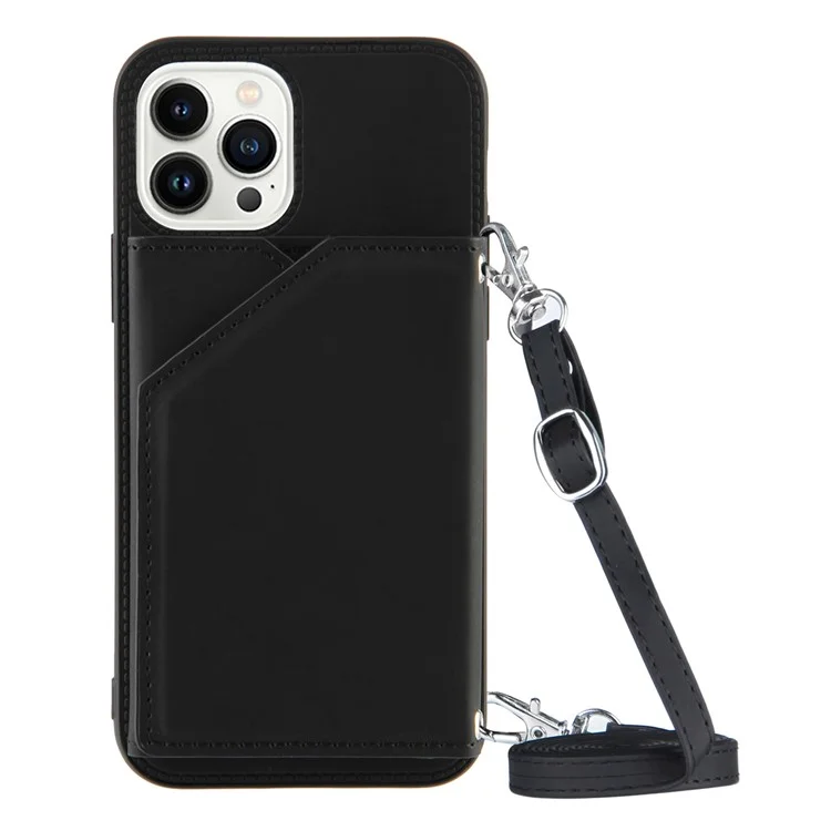 For iPhone 15 Pro Case Card Holder Kickstand Phone Back Cover with Shoulder Strap - Black