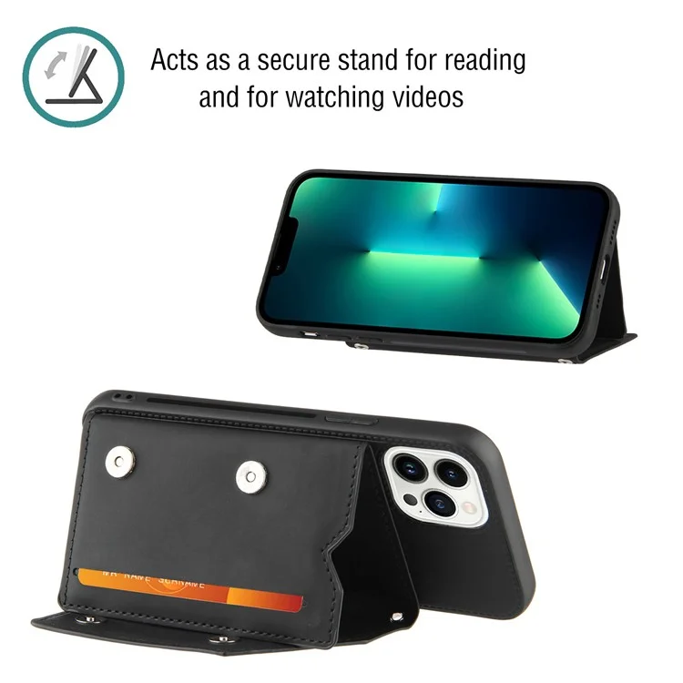 For iPhone 15 Pro Case Card Holder Kickstand Phone Back Cover with Shoulder Strap - Black