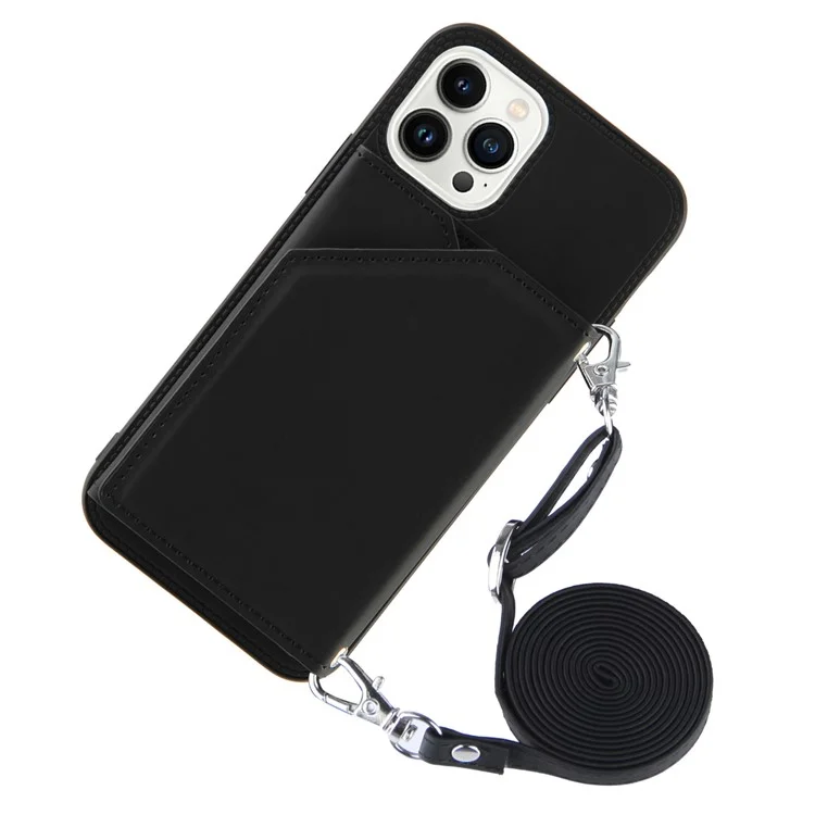 For iPhone 15 Pro Case Card Holder Kickstand Phone Back Cover with Shoulder Strap - Black