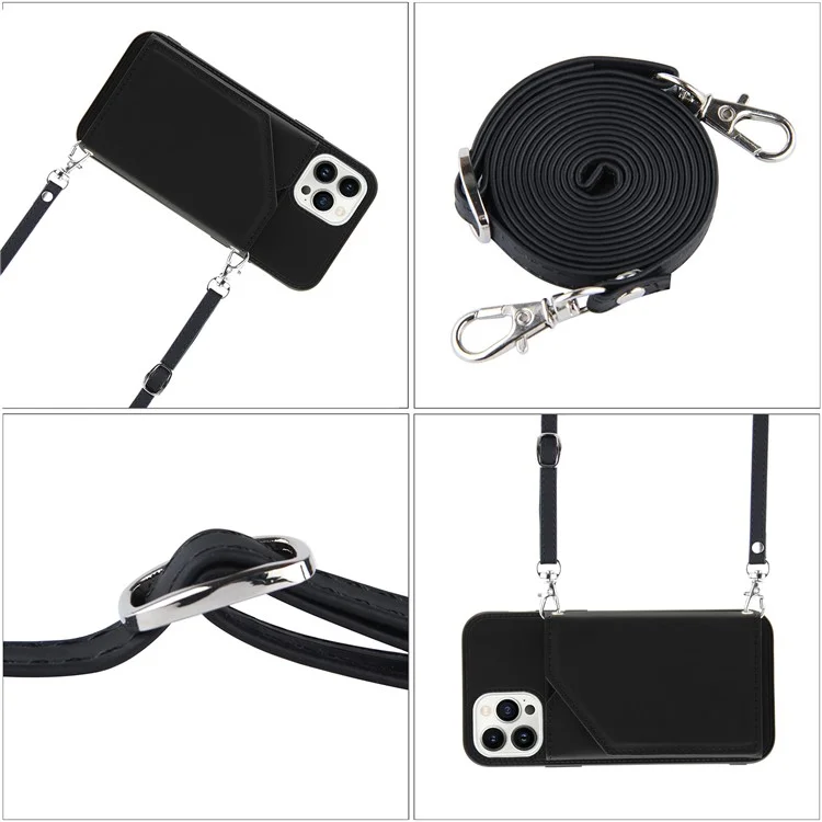 For iPhone 15 Pro Case Card Holder Kickstand Phone Back Cover with Shoulder Strap - Black