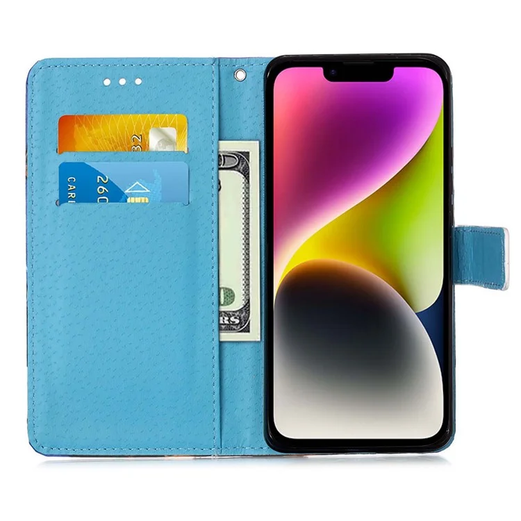 Serie de cubierta de billetera YB Pattern Printing Leather para iPhone 15 - Mariposa y corazón