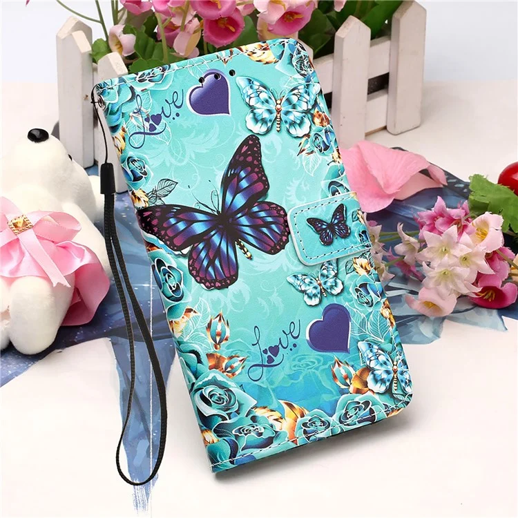 Serie de cubierta de billetera YB Pattern Printing Leather para iPhone 15 - Mariposa y corazón