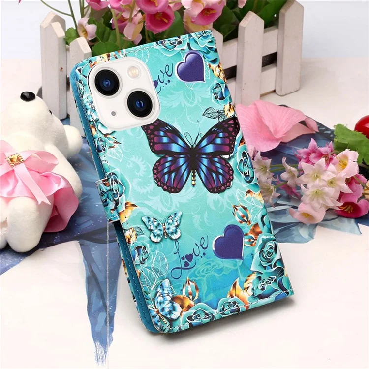 Serie de cubierta de billetera YB Pattern Printing Leather para iPhone 15 - Mariposa y corazón